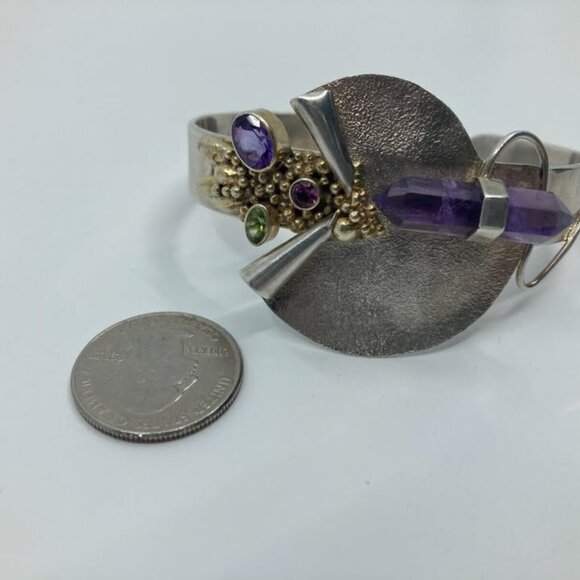 Vtg 1980s modernist sterling 925 amethyst peridot handcrafted cuff bracelet - Picture 2 of 3